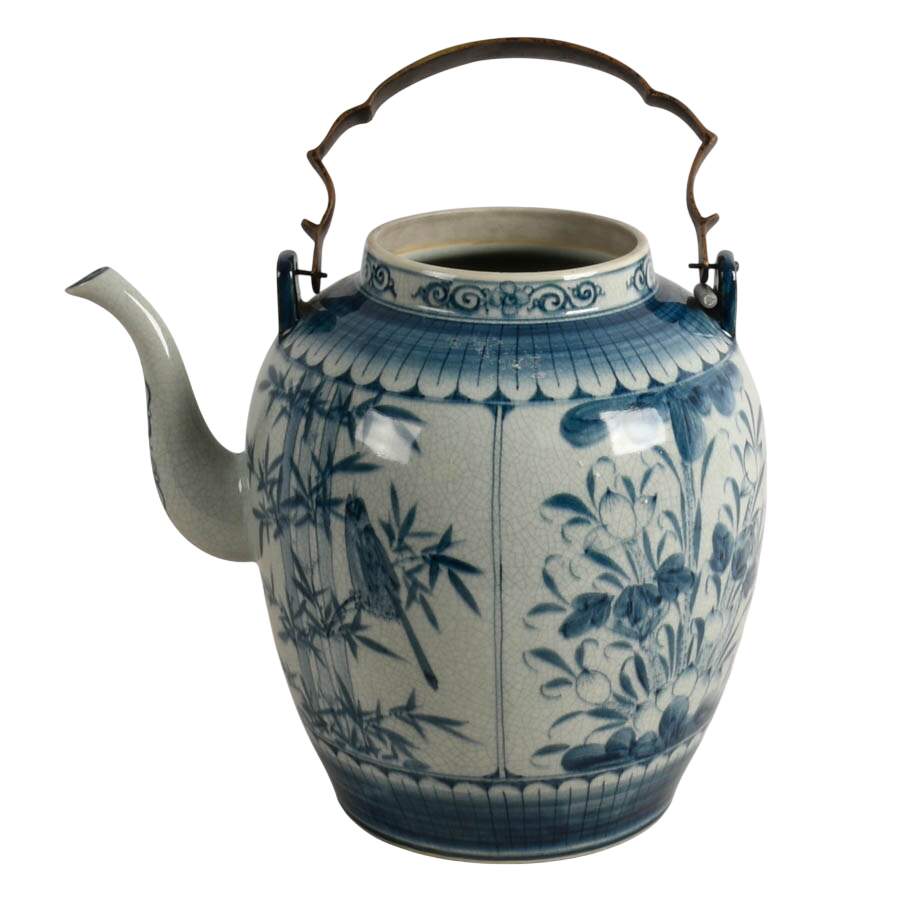 Large Antique Chinese Hand-Painted Blue Porcelain Tea Pot-1