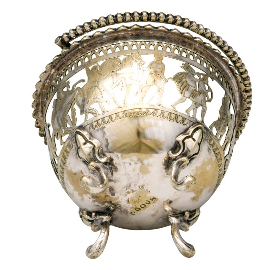 Vintage Pierced Silverplate Basket with Roman Procession Scene-6