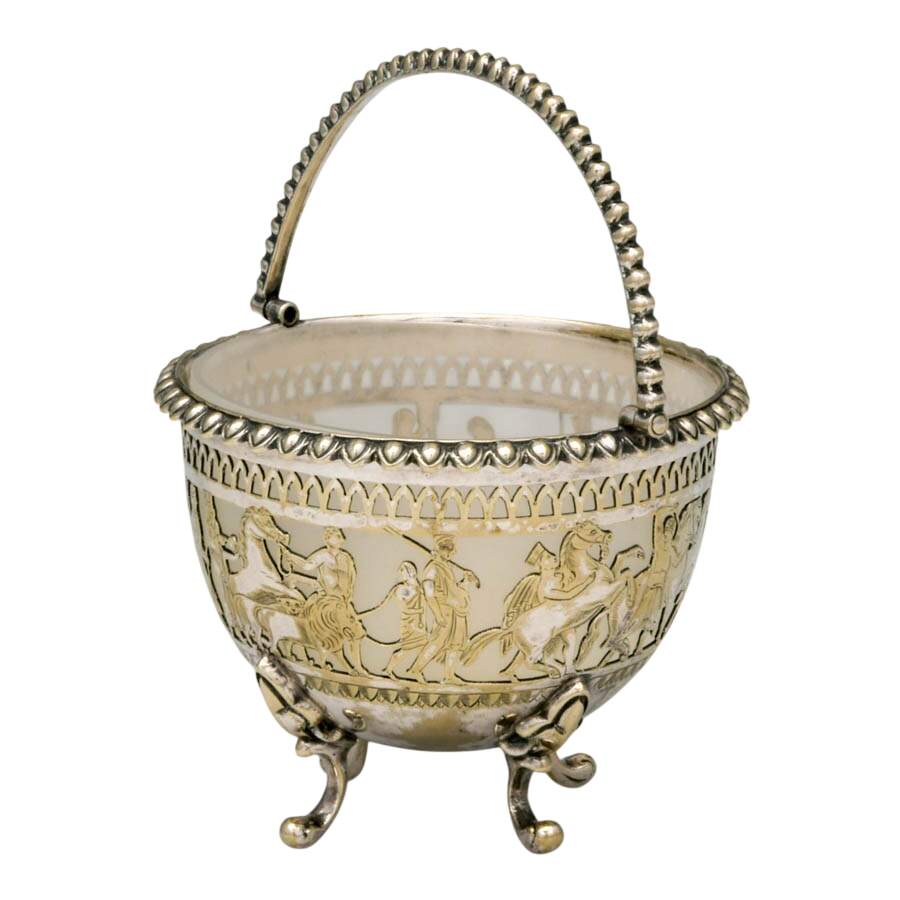 Vintage Pierced Silverplate Basket with Roman Procession Scene-4