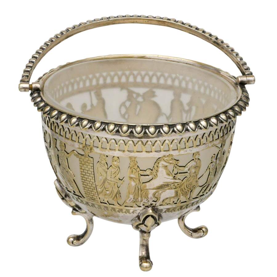 Vintage Pierced Silverplate Basket with Roman Procession Scene-3