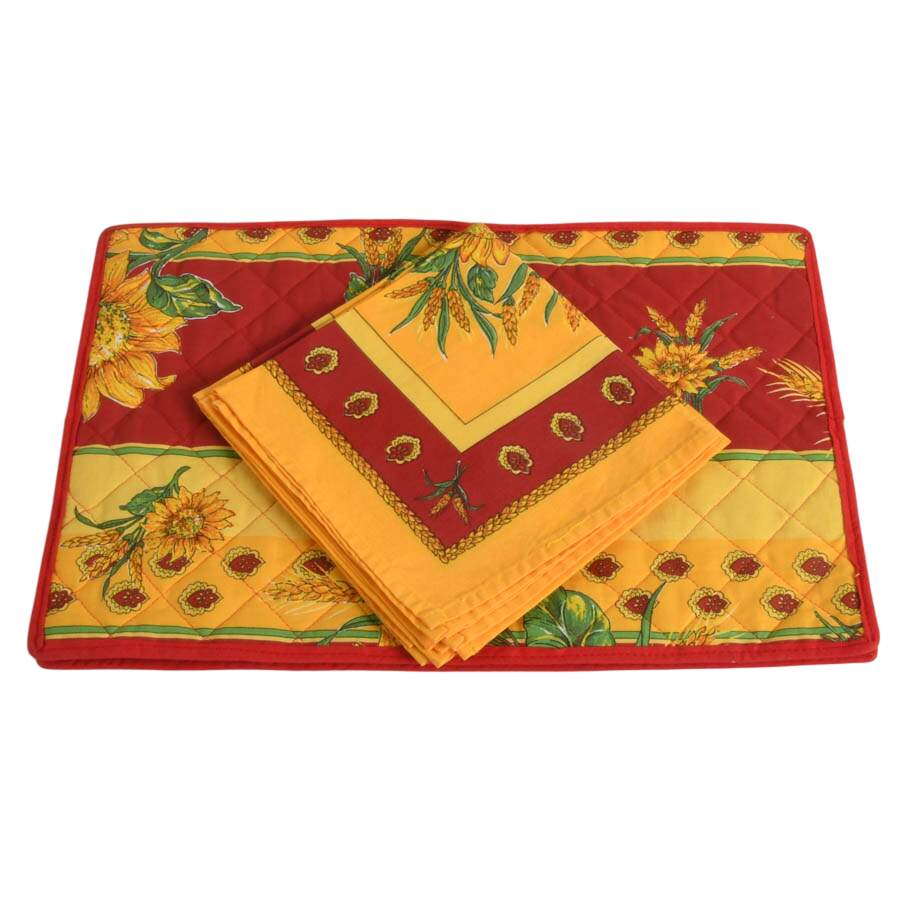 4 Quilted Placemats and 8 Napkins Red Sunflowers by Le Cluny-5