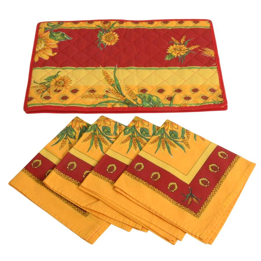 4 Quilted Placemats and 8 Napkins Red Sunflowers by Le Cluny-4