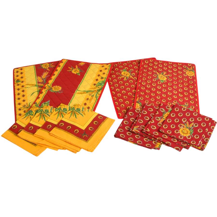 4 Quilted Placemats and 8 Napkins Red Sunflowers by Le Cluny-1