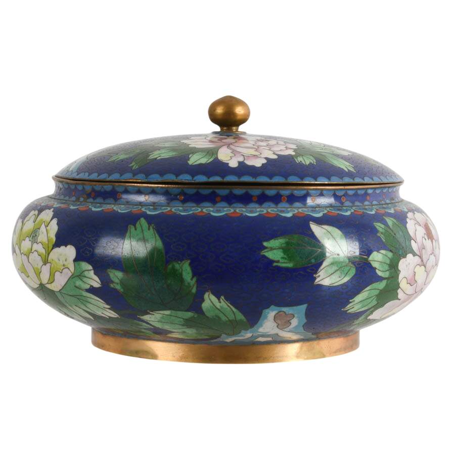 Chinese Blue Floral Lidded Cloisonné Bowl-3