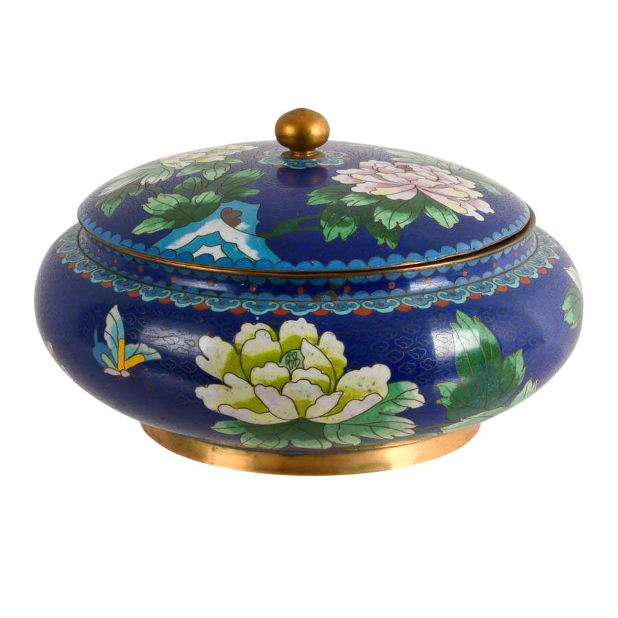 Chinese Blue Floral Lidded Cloisonné Bowl-1