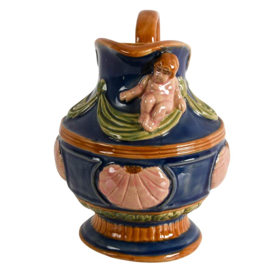 Hand-Painted Majolica-Style Stoneware Cherub Pitcher-5