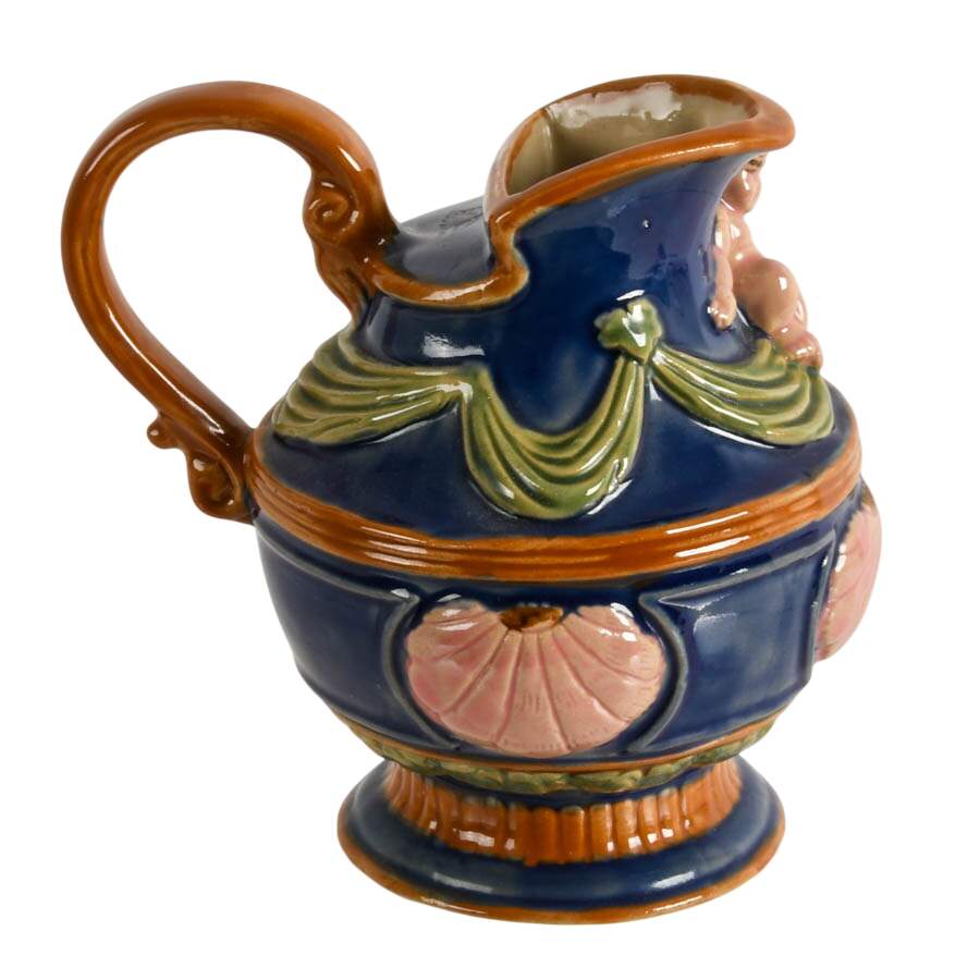 Hand-Painted Majolica-Style Stoneware Cherub Pitcher-4