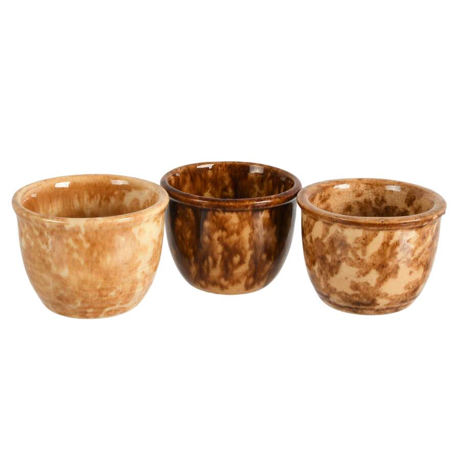 Set of Five Yellow Spongeware Pottery Bowls and Cups in Style of Bennington-2