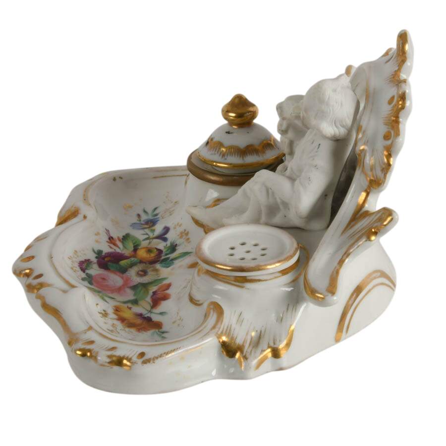 Antique German Porcelain Inkwell Boy with Dog-4