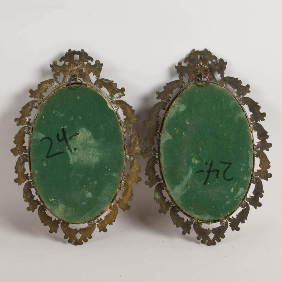 Antique Pair of Capodimonte Porcelain and Brass Ornate Roses in Frame-2