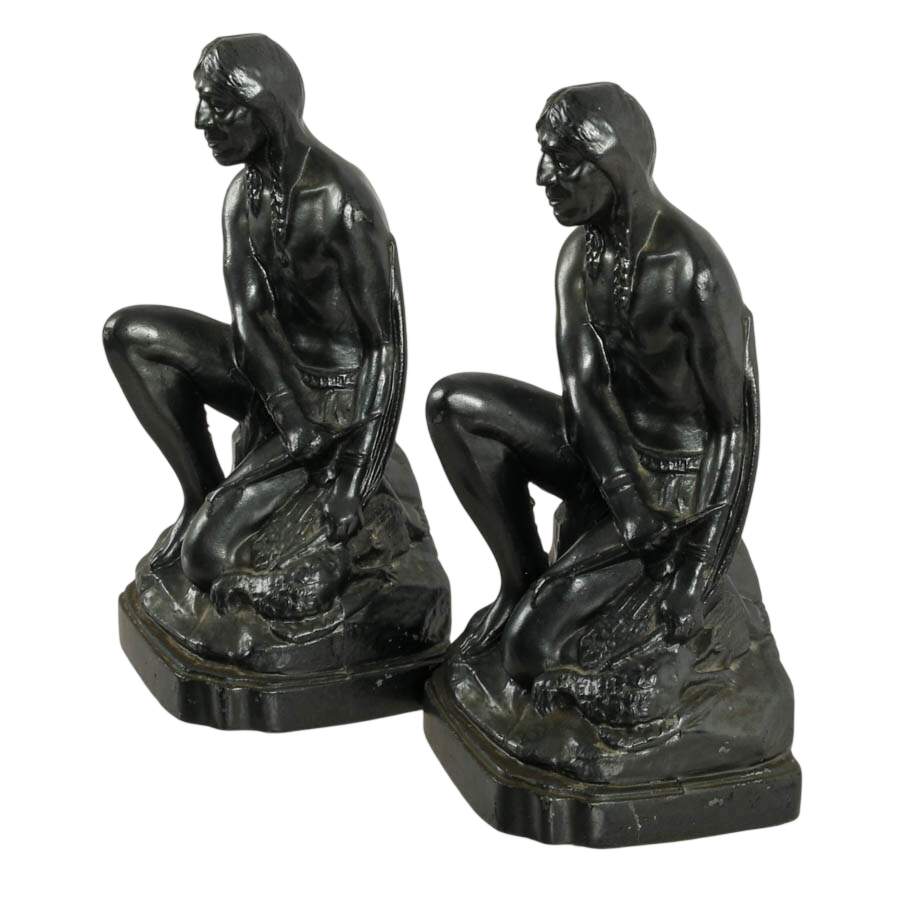 Pair of Cast Metal Native American Hunter Bookends After C.M. Russell-3