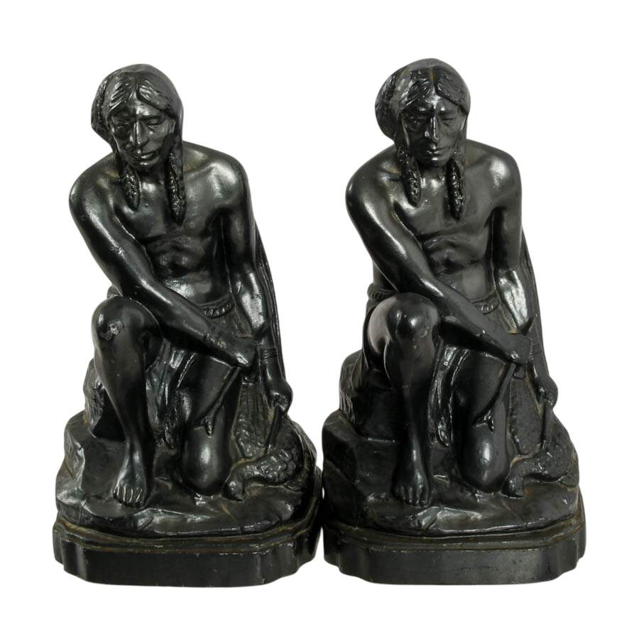 Pair of Cast Metal Native American Hunter Bookends After C.M. Russell-1