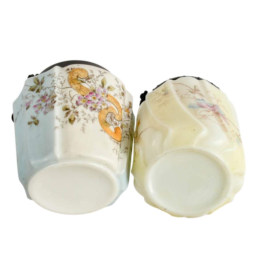 Pair of Wavecrest-Style Floral Hand-Painted Glass Biscuit Jars with Handles-6