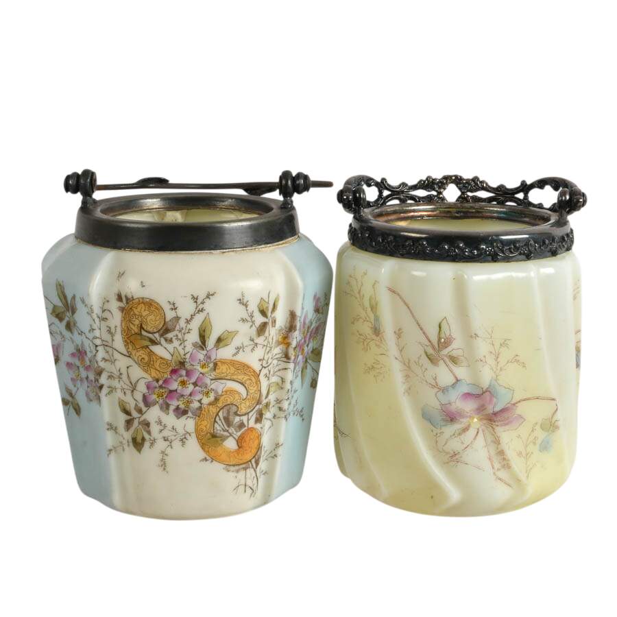Pair of Wavecrest-Style Floral Hand-Painted Glass Biscuit Jars with Handles-5
