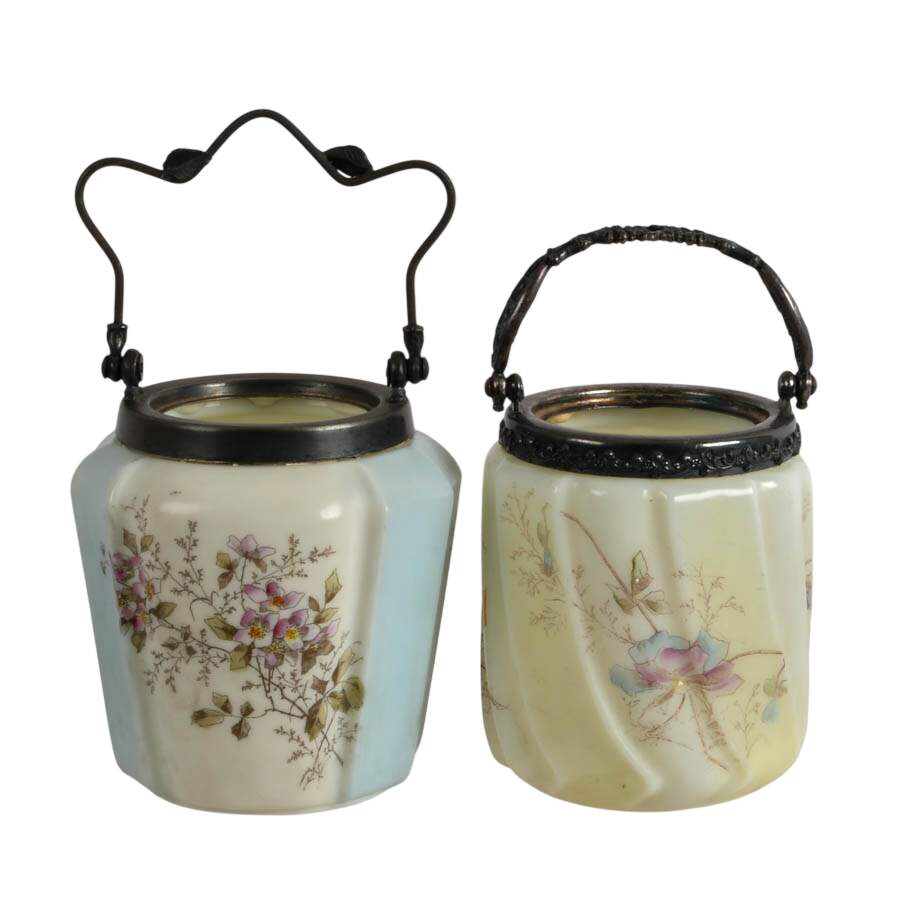 Pair of Wavecrest-Style Floral Hand-Painted Glass Biscuit Jars with Handles-3
