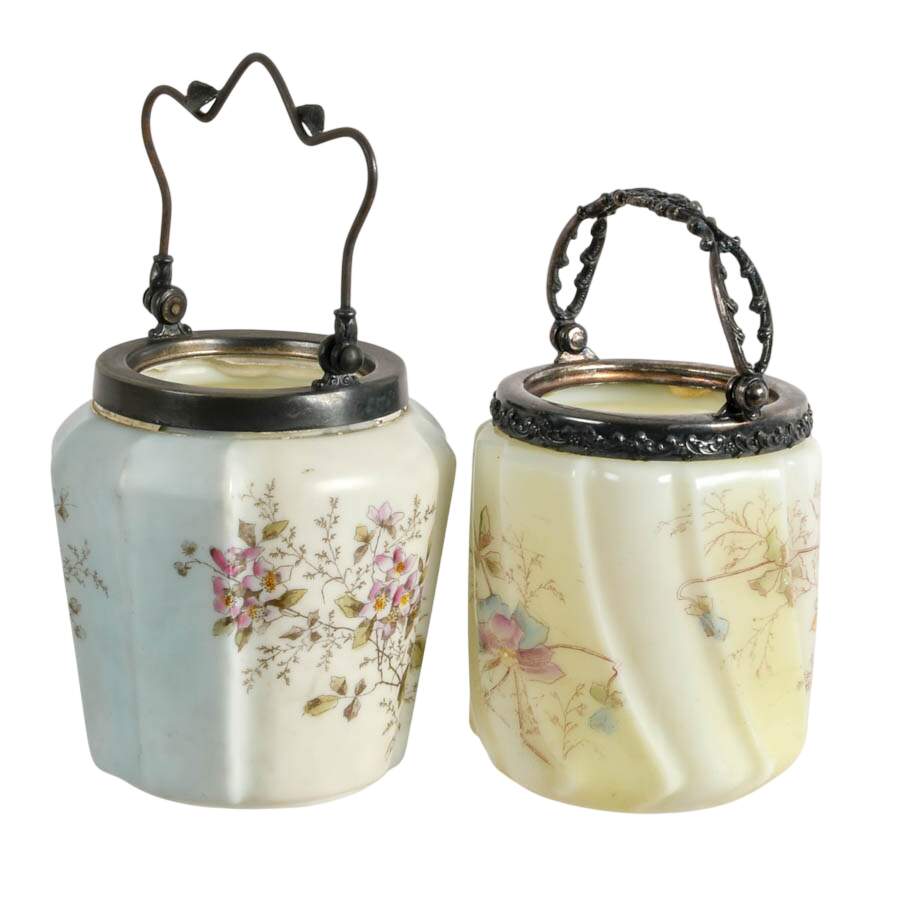 Pair of Wavecrest-Style Floral Hand-Painted Glass Biscuit Jars with Handles-2