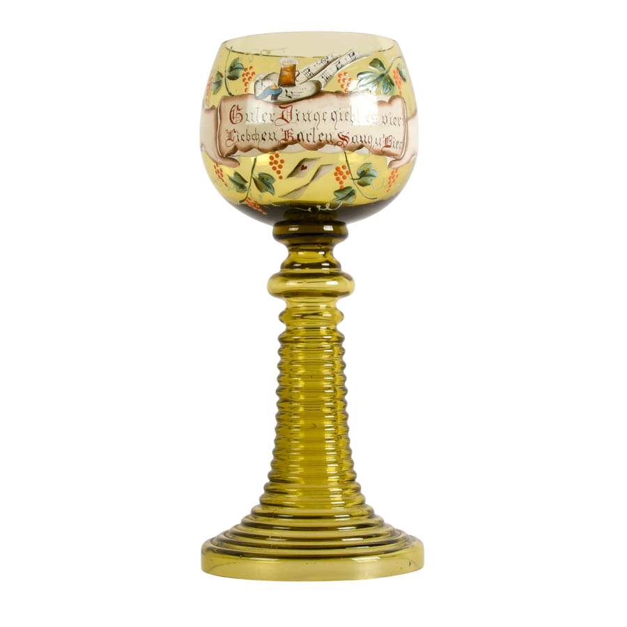 Large Hand-Painted German "Four Good Things" Römer Glass Goblet-3