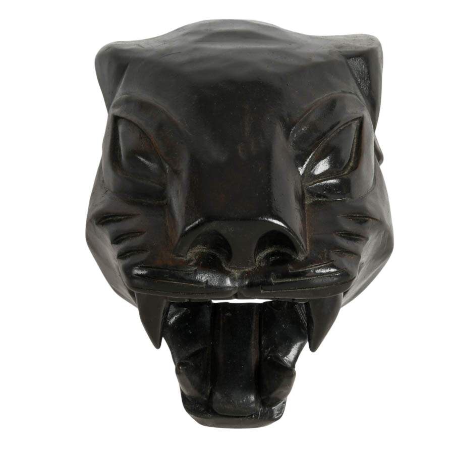 Black Hand-Carved Wood Panther Head Sculpture-4