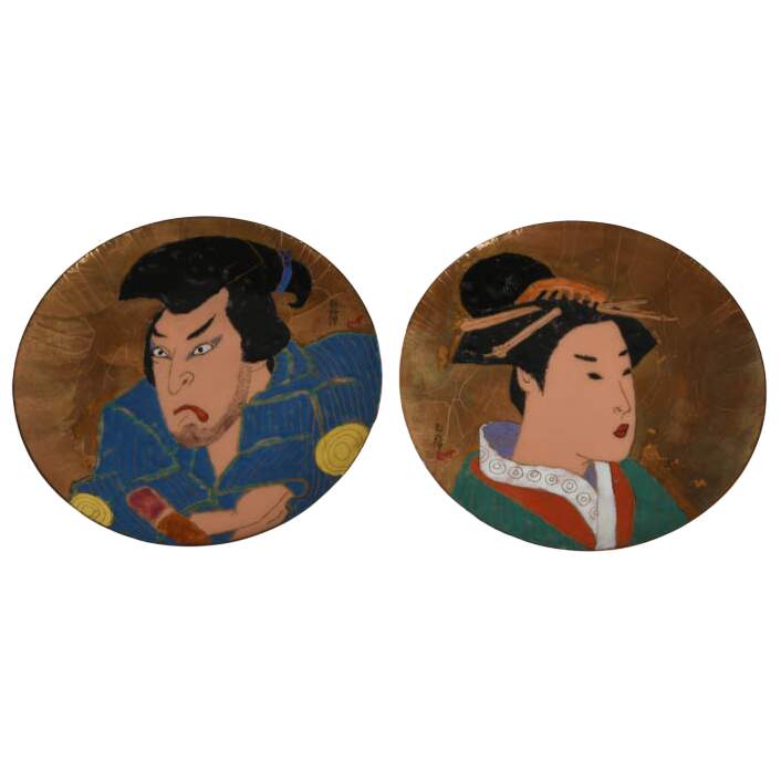 Pair of Hand-Painted Glass Japanese Decorative Plates-1