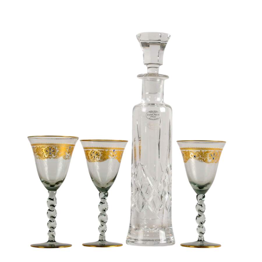 Four-Piece Royal Gallery Cut Lead Crystal Decanter with White Wine Glasses-2