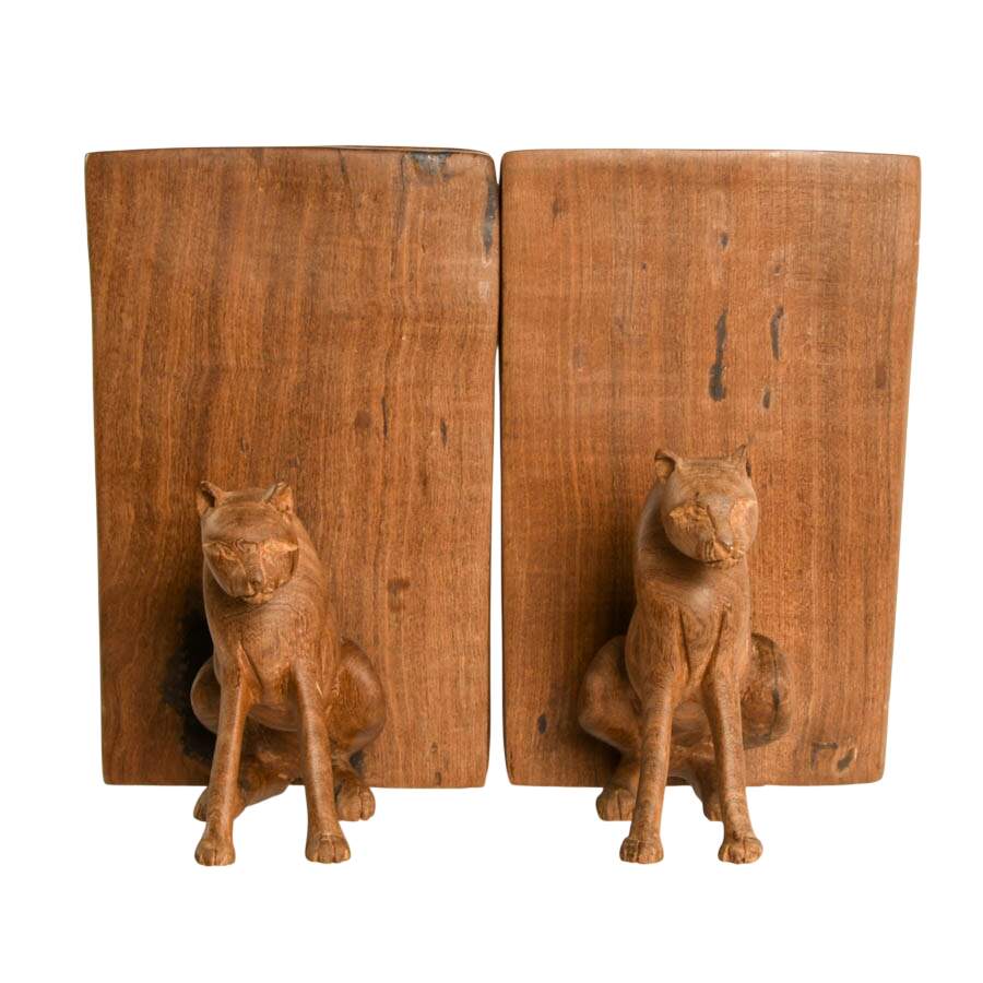 Pair of Hand-Carved Kenyan Jacaranda Wood Cheetah Bookends-3