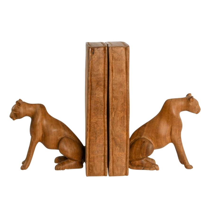 Pair of Hand-Carved Kenyan Jacaranda Wood Cheetah Bookends-2