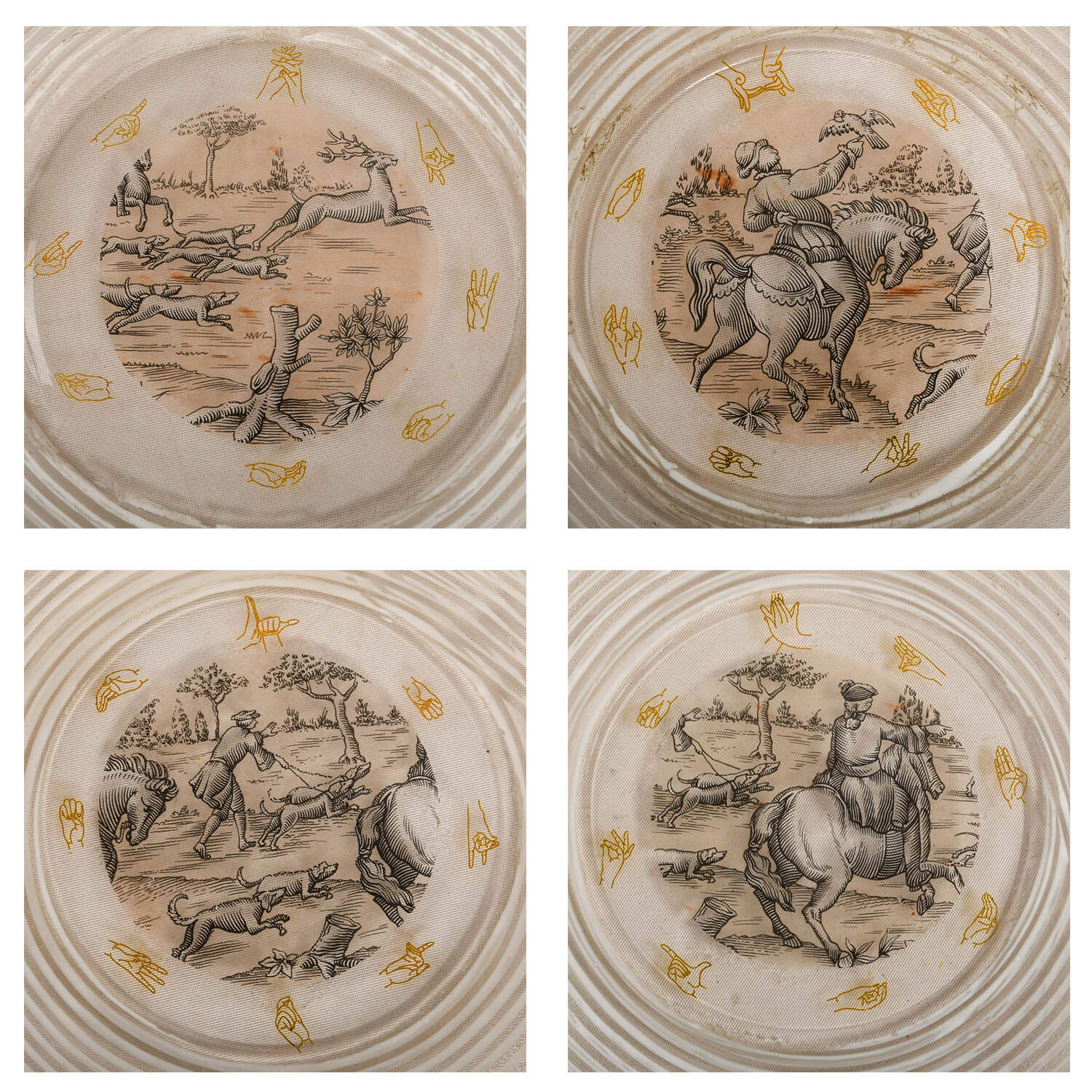 Set of Four Printed Glass Hunting Scene Plates with Shadow Puppet Motif-3