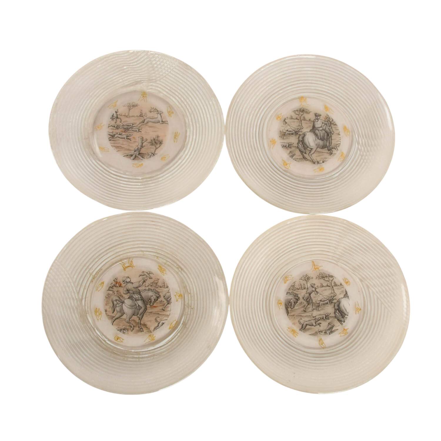 Set of Four Printed Glass Hunting Scene Plates with Shadow Puppet Motif-2