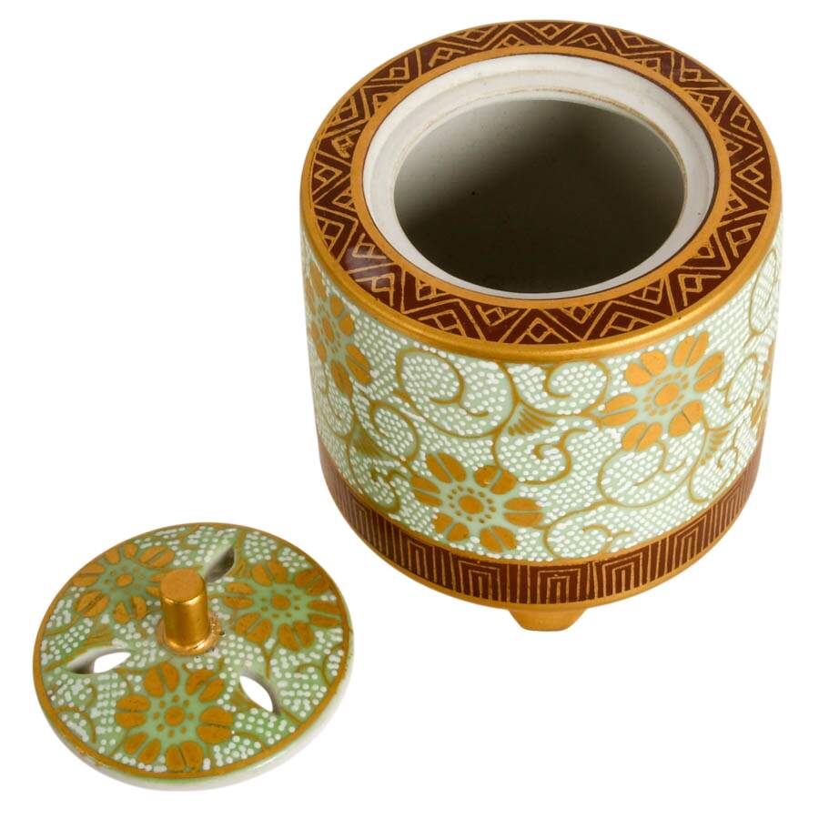 Japanese Kutani Ware Shirochibu Tessen Pattern Porcelain Incense Burner-3