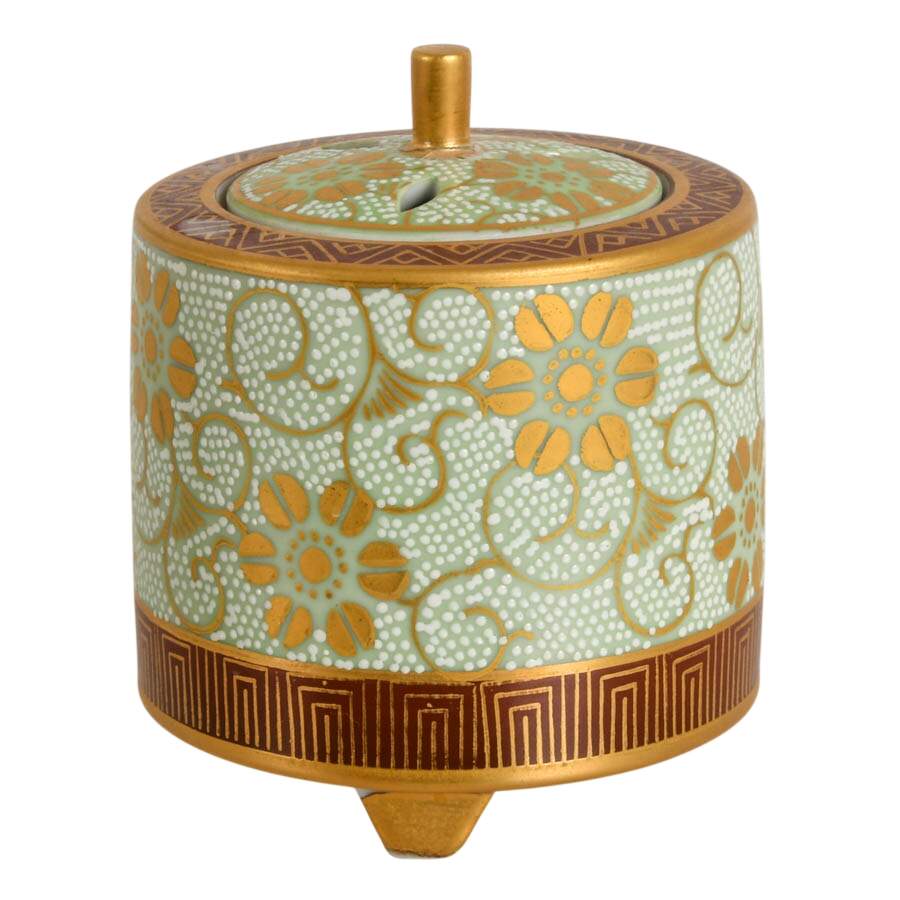 Japanese Kutani Ware Shirochibu Tessen Pattern Porcelain Incense Burner-1