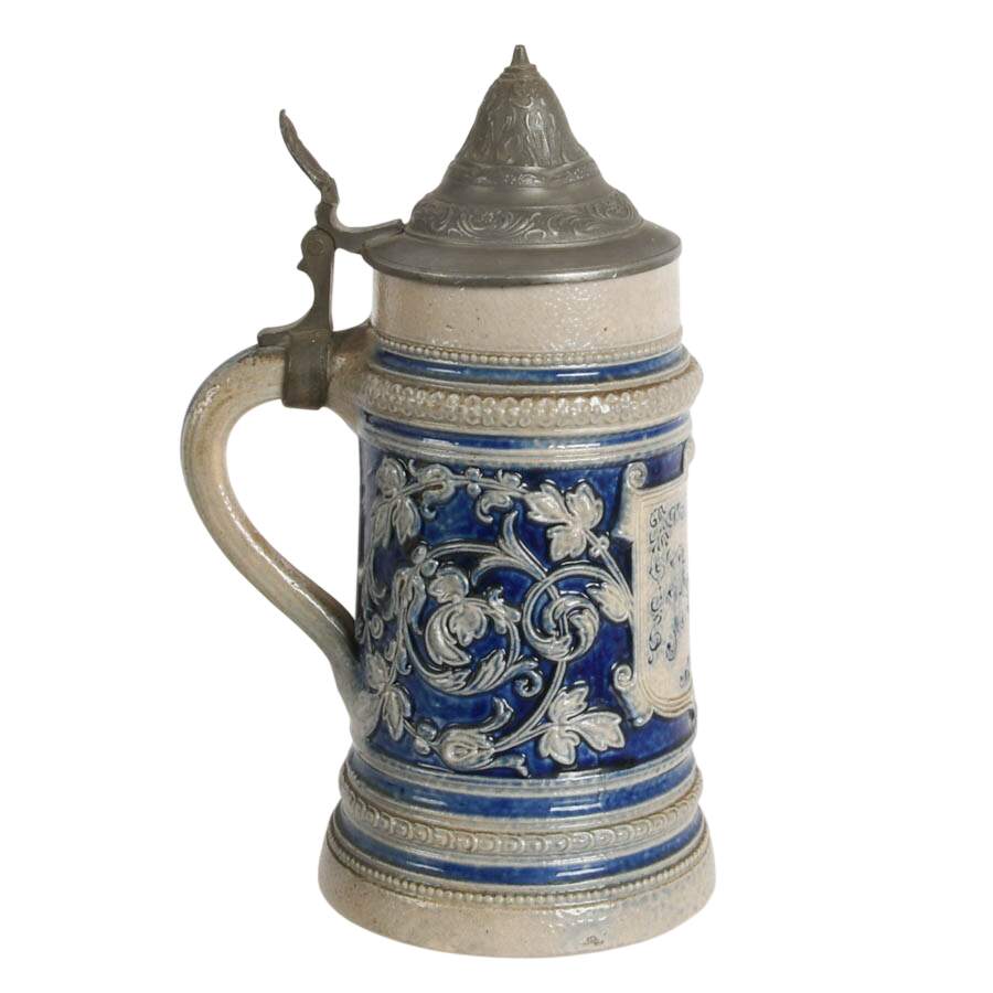 Antique German Westerwald Prosit Pottery Beer Stein with Pewter Lid-7