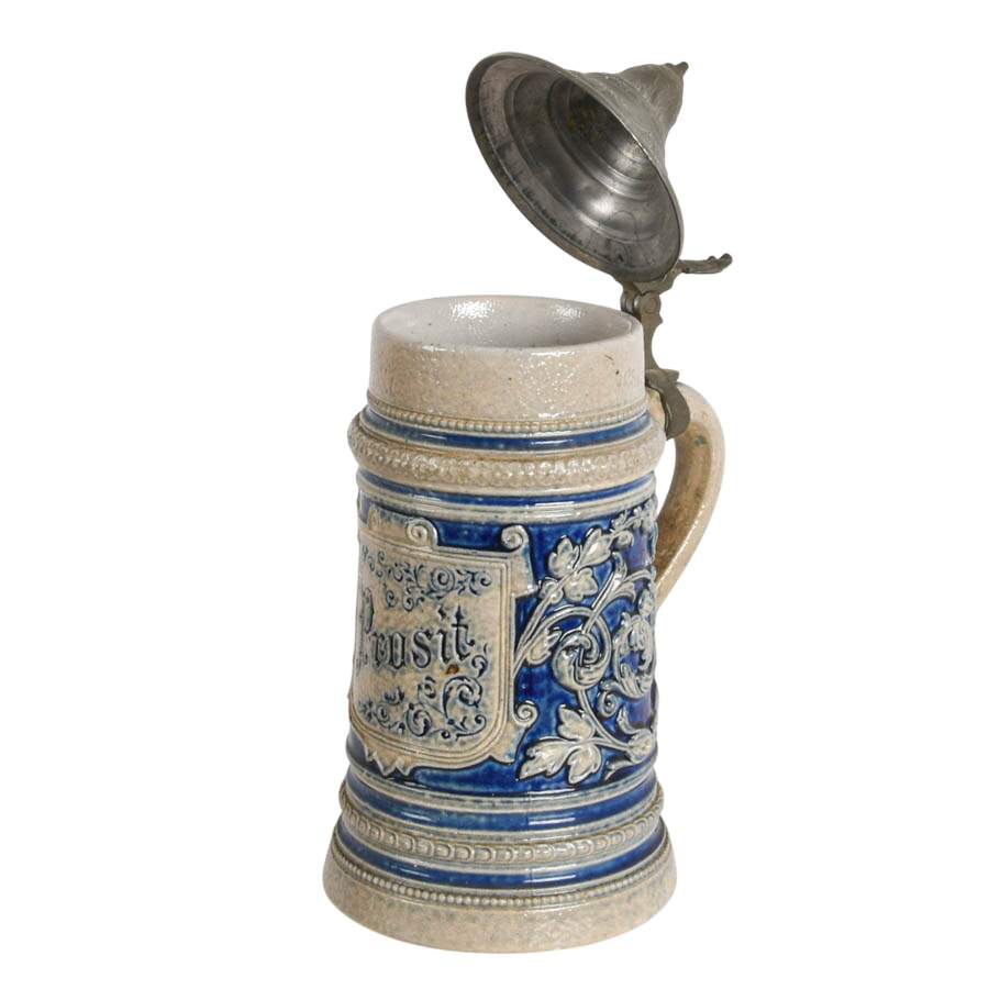 Antique German Westerwald Prosit Pottery Beer Stein with Pewter Lid-2