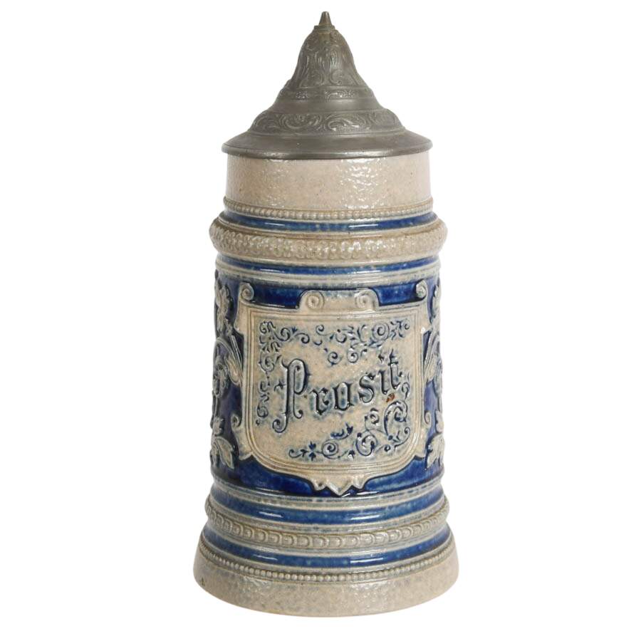 Antique German Westerwald Prosit Pottery Beer Stein with Pewter Lid-1
