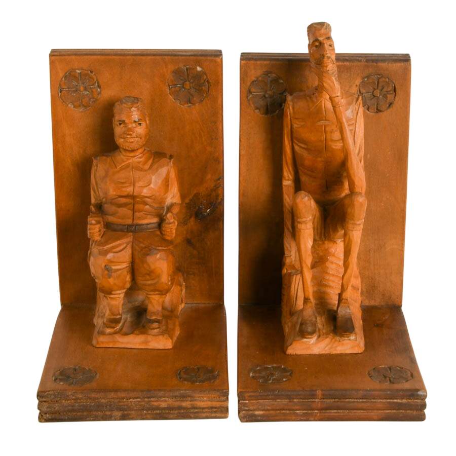 Pair of Carved Wood Don Quixote and Sancho Panza Figural Bookends-1