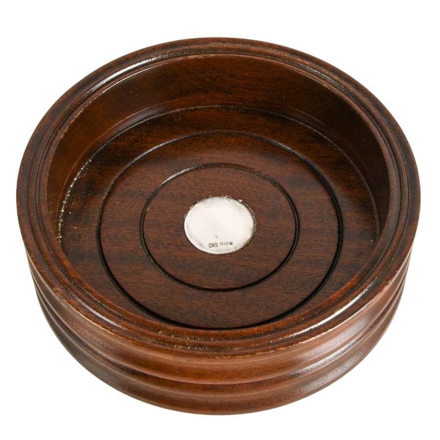 Vintage Mahogany and Sterling Silver Wine Bottle Coaster-2