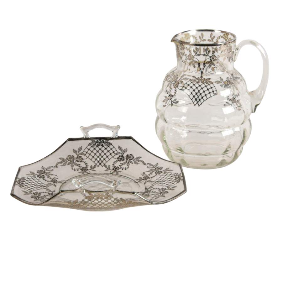 Art Nouveau Floral Silver Crystal Cake Plate and Pitcher Set-2