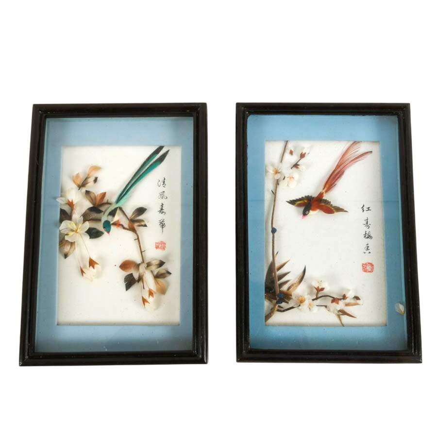 Pair of 3D Chinese Feather Art Red and Green Bird Wall Décor-1