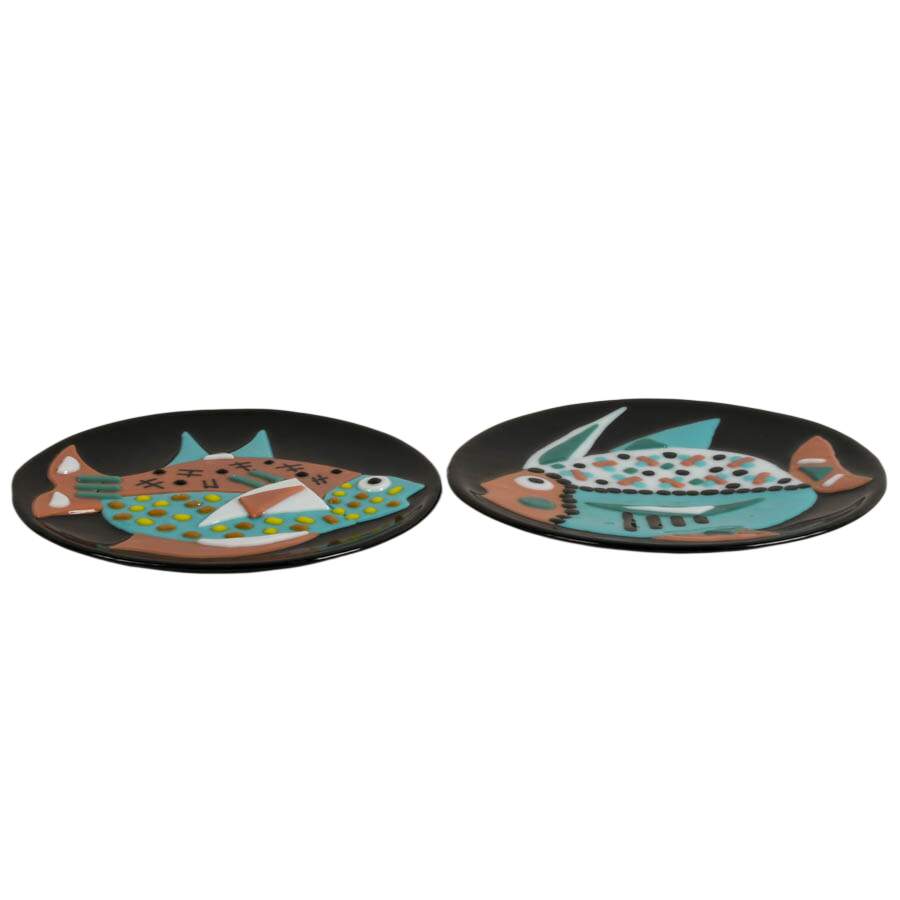 Pair of Signed Fused Glass Fish Wall Plates-4