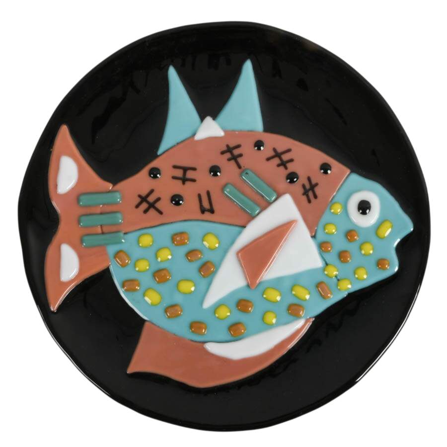 Pair of Signed Fused Glass Fish Wall Plates-3