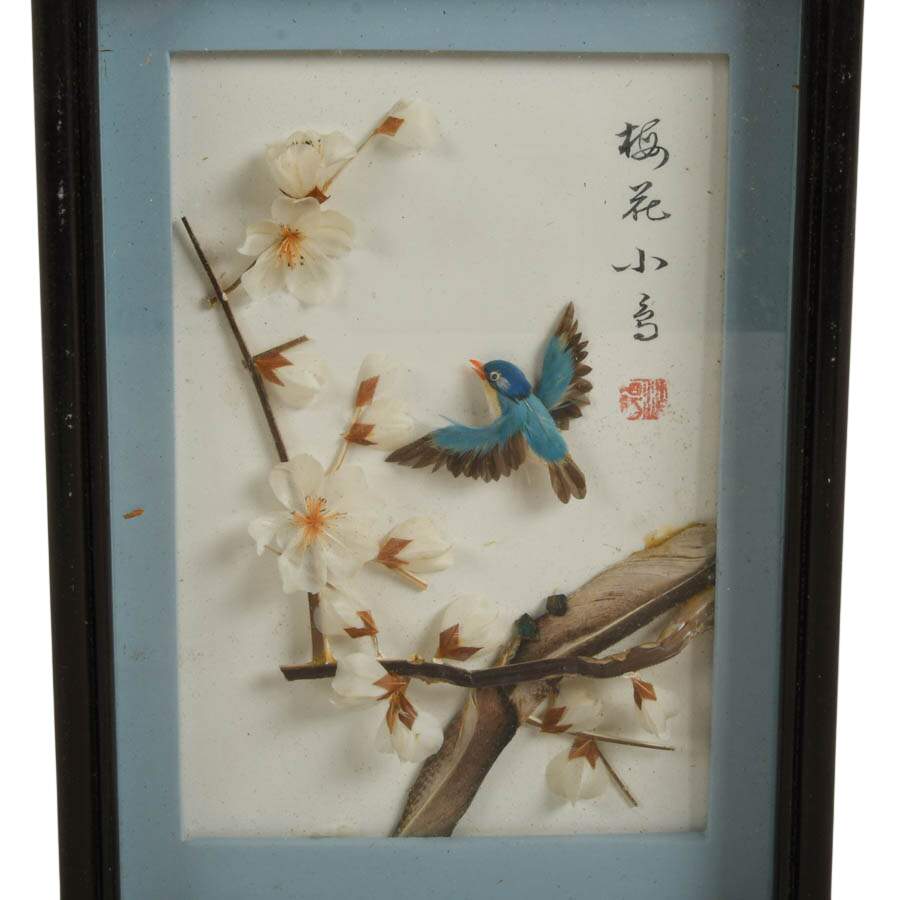 Pair of 3D Chinese Feather Art Pink and Blue Bird Wall Décor-3
