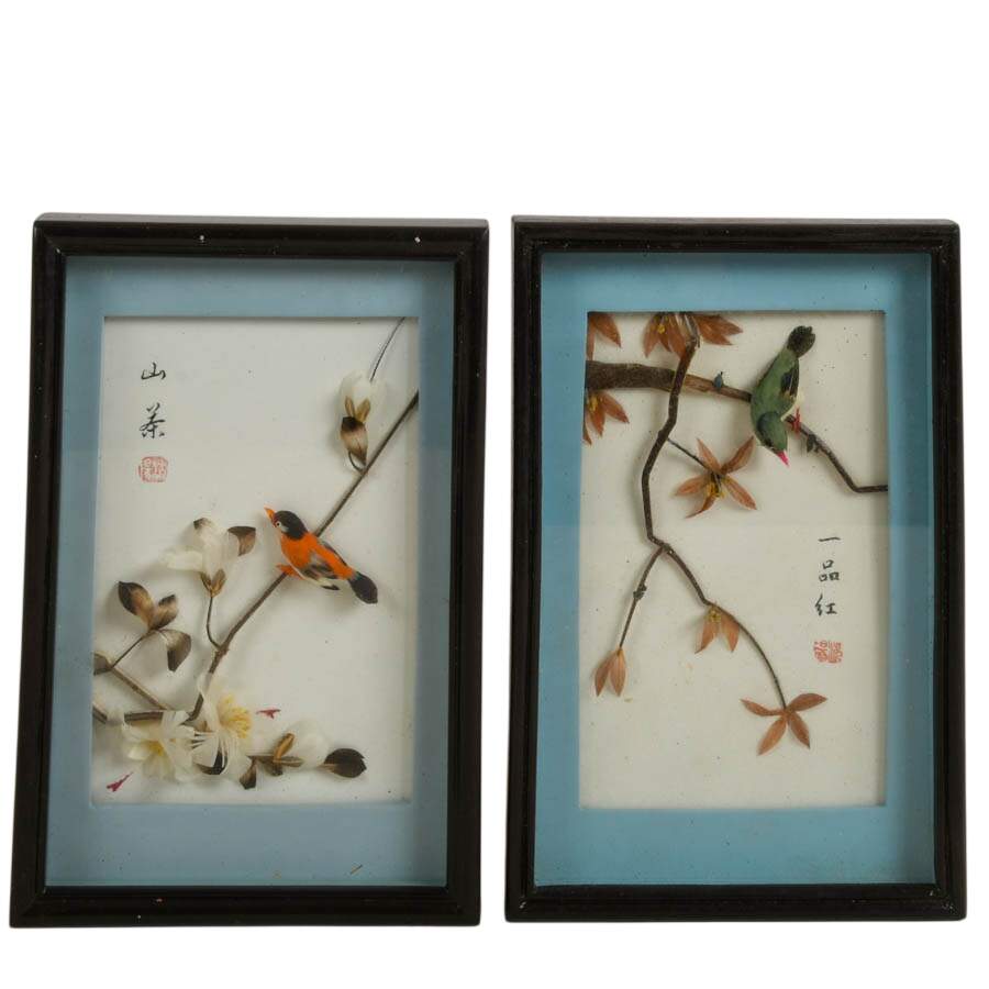 Pair of 3D Chinese Feather Art Orange and Green Bird Wall Décor-1