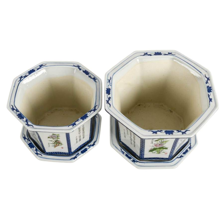Pair of Chinese Sometsuke Hexagonal Bonsai Tree Pots-2