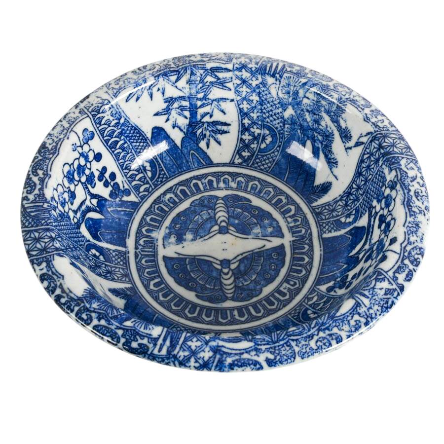 Antique Blue and White Porcelain Bowl with Central Moth Motif-2