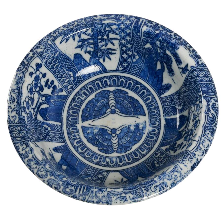 Antique Blue and White Porcelain Bowl with Central Moth Motif-1