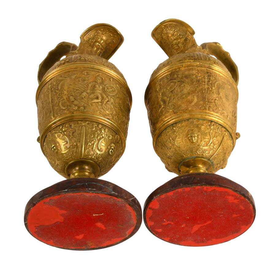 Pair of 19th Century Renaissance Revival Brass Ewers on Marble Bases-9