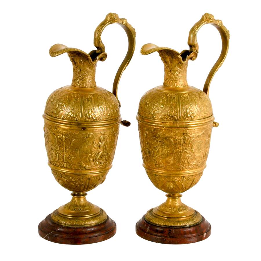 Pair of 19th Century Renaissance Revival Brass Ewers on Marble Bases-3