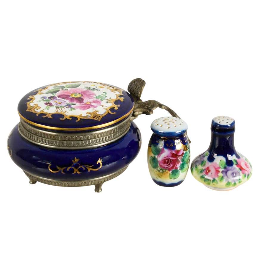 Hand-Painted Floral Cobalt Porcelain Silent Butler and Shaker Set-1