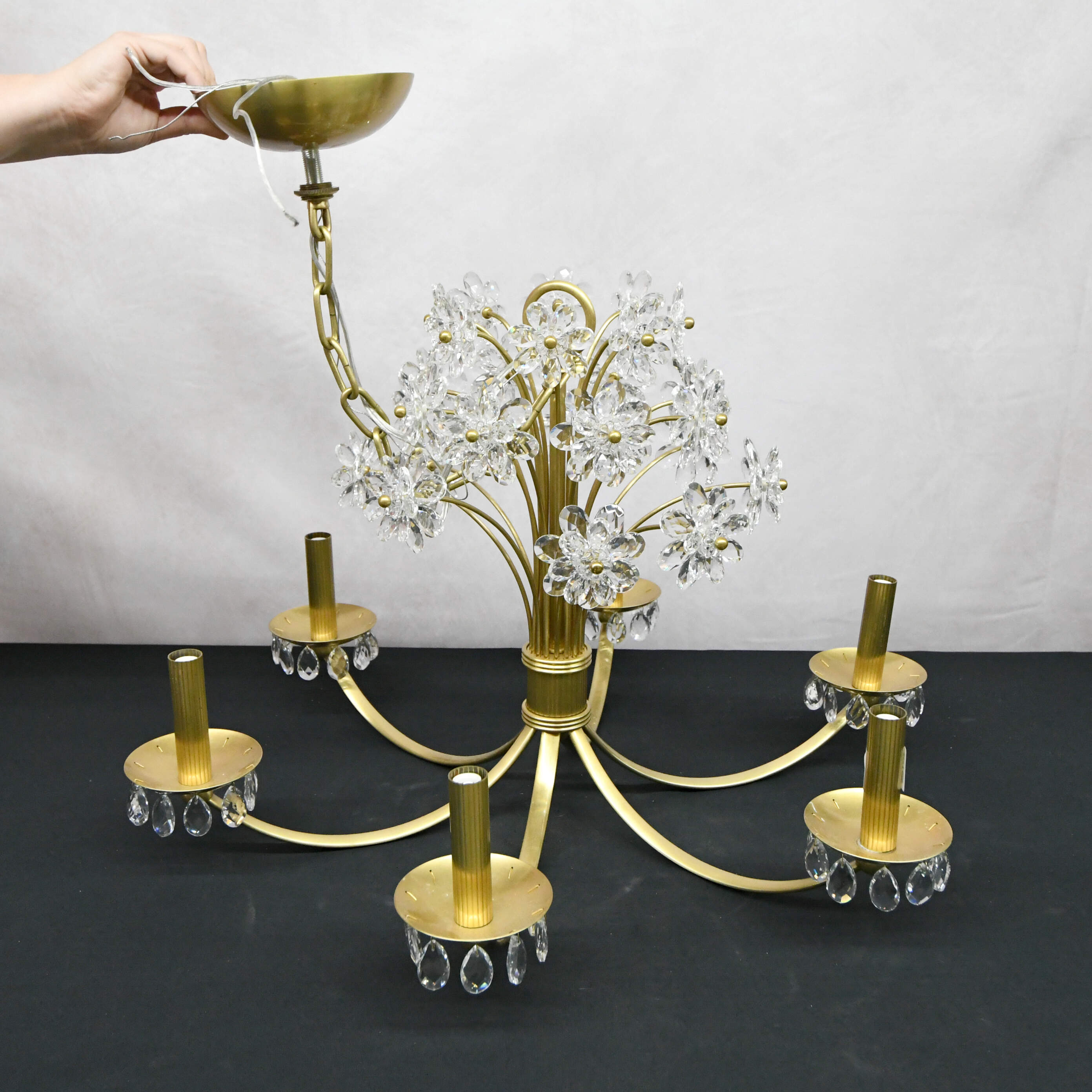 Six-Light Brass and Acrylic Floral Cluster Chandelier-1
