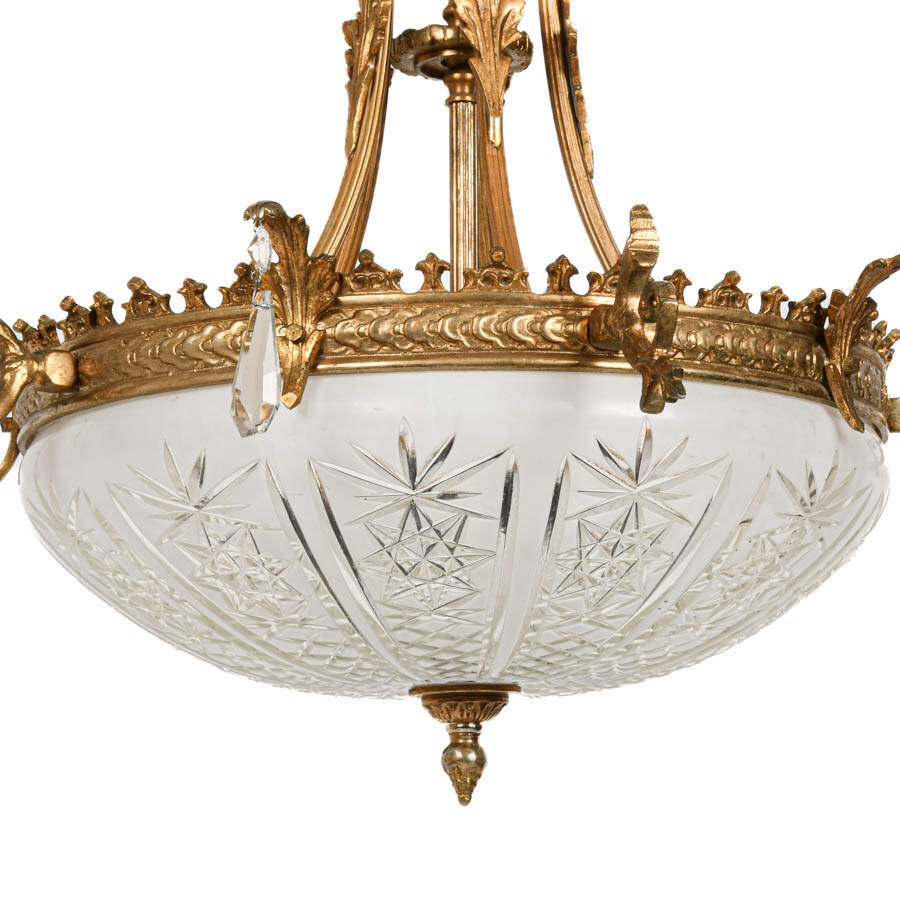 Brass and Crystal Hanging Ceiling Light with Etched Shade-4