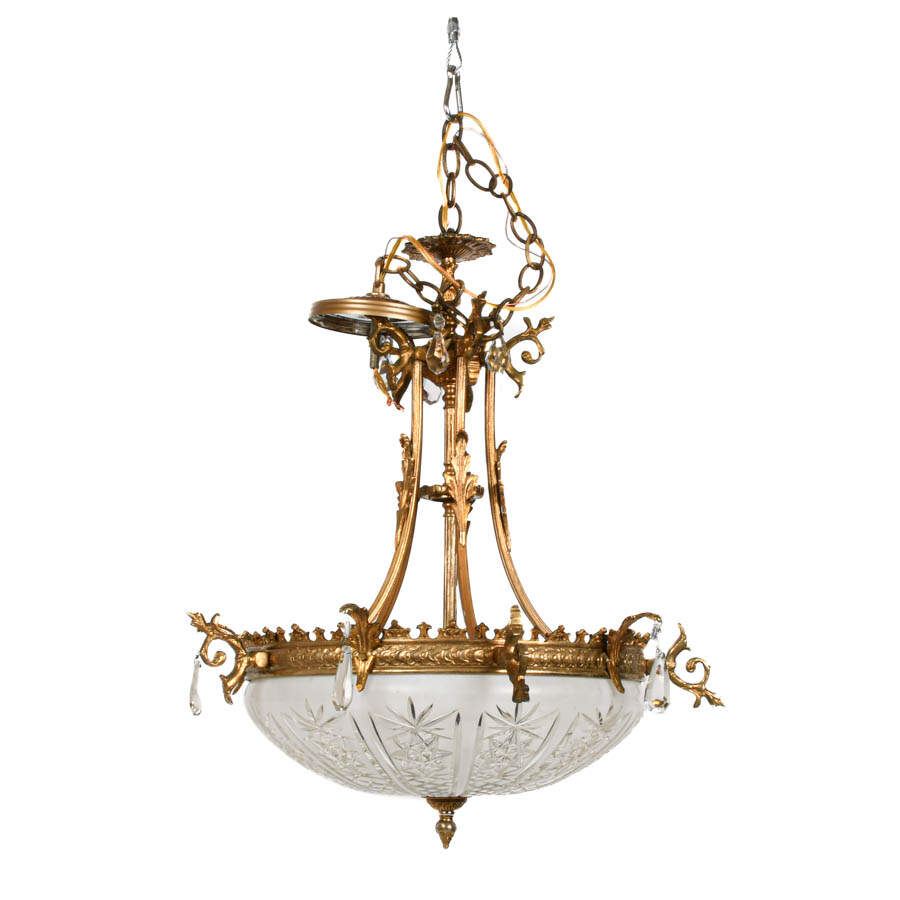 Brass and Crystal Hanging Ceiling Light with Etched Shade-3